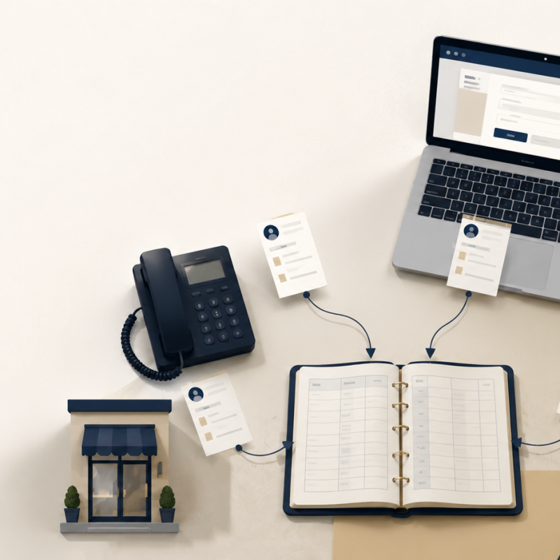 Why Your Business Needs One Enquiry Management System 8 human handover in AI chatbot Enquiry management system for small business, showing enquiry slips flowing from a desk phone, laptop form, storefront door, and social feed icon into one open ledger.