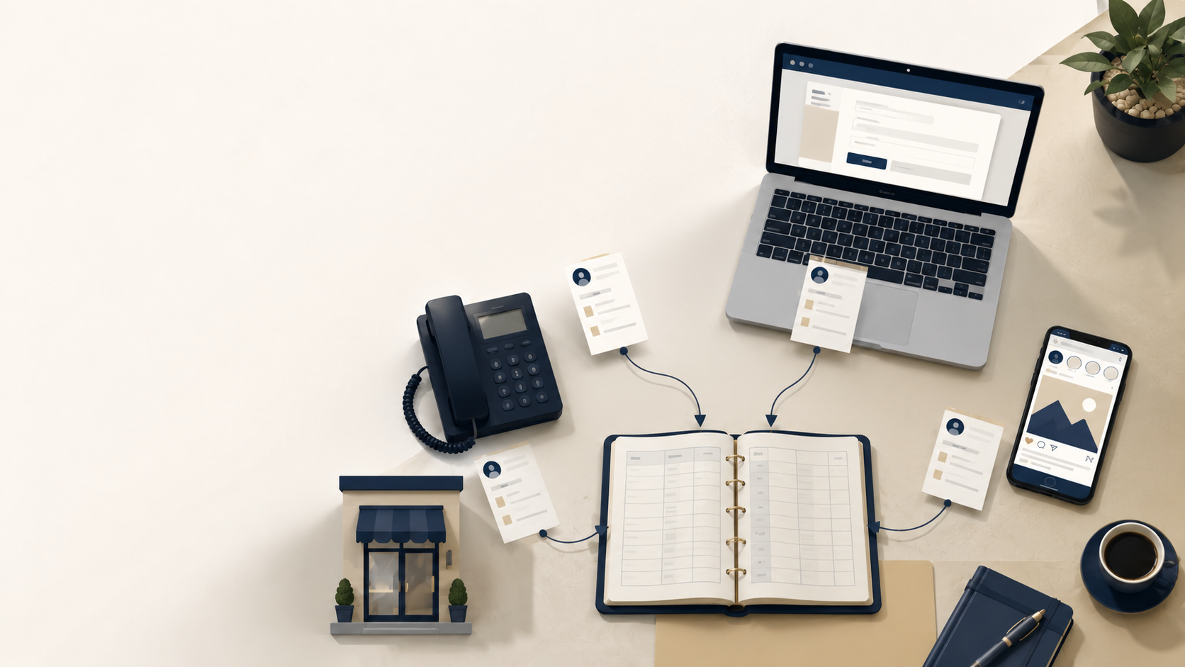 Enquiry management system for small business, showing enquiry slips flowing from a desk phone, laptop form, storefront door, and social feed icon into one open ledger.
